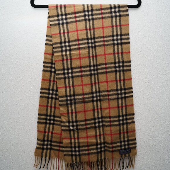 Authentic Burberry Classic Check Cashmere Fringe Scarf OS Tan/Black/Red - Picture 2 of 10